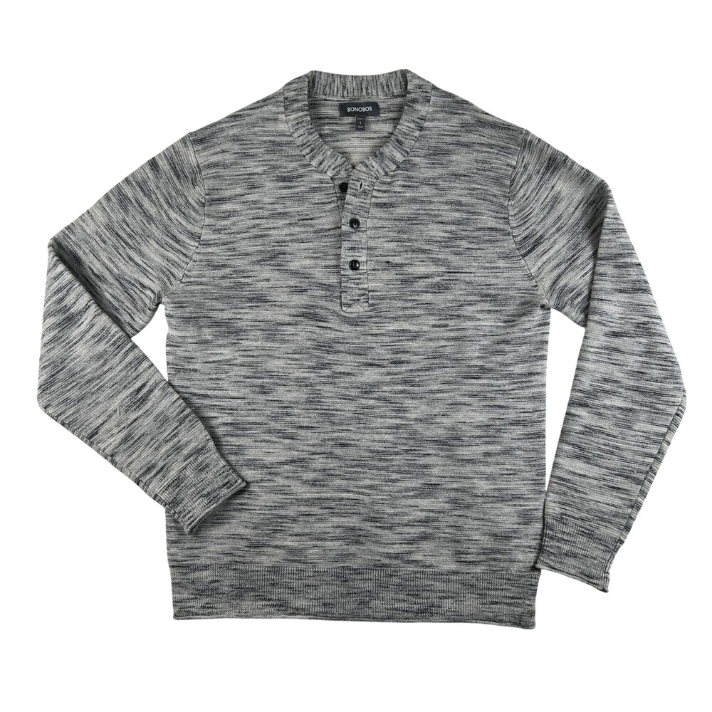 Bonobos Sweater Mens Large Gray Merino Wool Henley Knit Pullover Slim Fit Marled